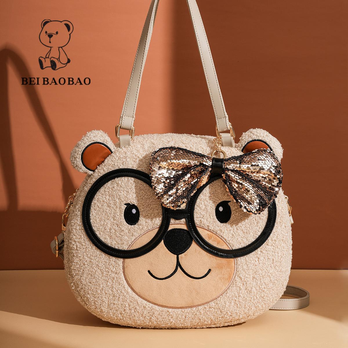 

BEIBAOBAO Зимняя новая симпатичная женская сумка через плечо с рисунком медведя в очках, модная изысканная женская сумка-тоут с подвеской в виде банта, большая вместительная дорожная сумка через плечо хаки