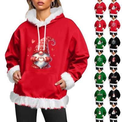 Moletom Casual de Natal Feminino com Forro de Lã, Mangas Compridas e Bolsos