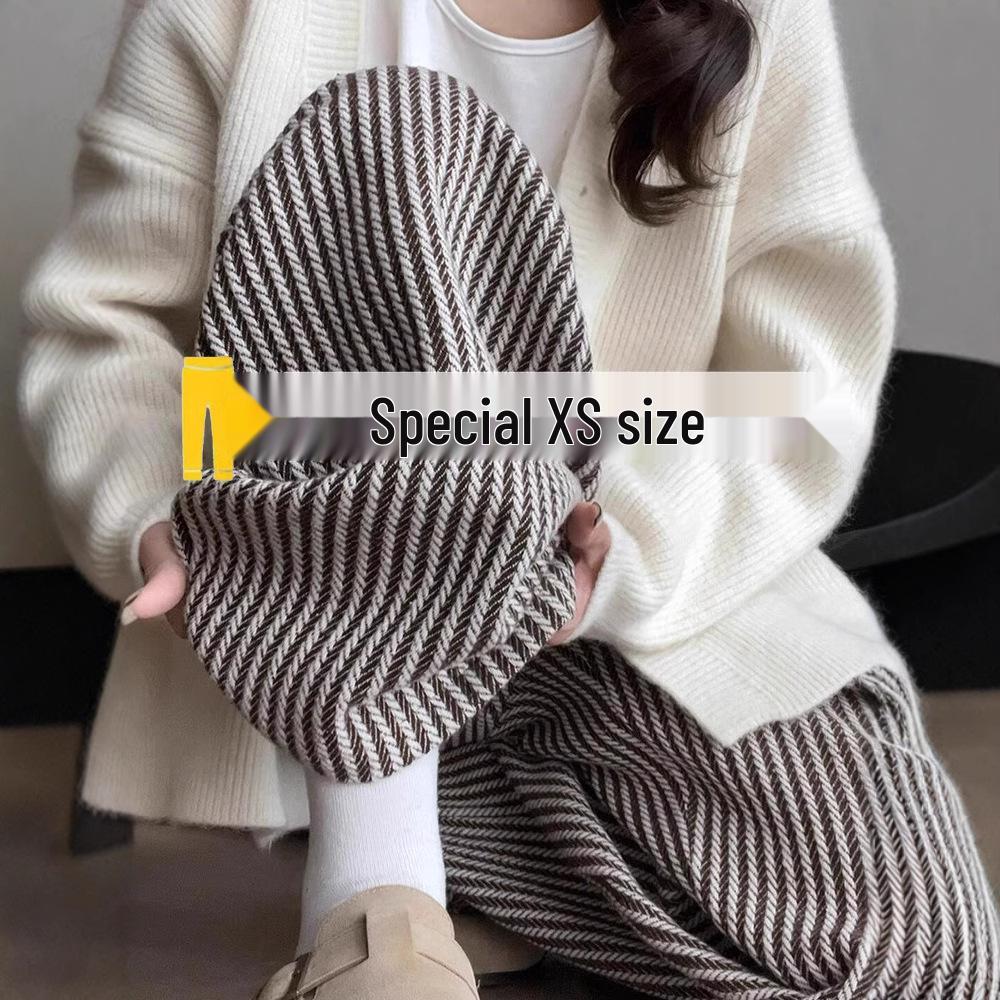 Petite Coffee Pinstripe Casual Women's Wide-Leg Pants, Drawstring High Waist, Relaxed Fit - Perfect for Spring & Autumn.