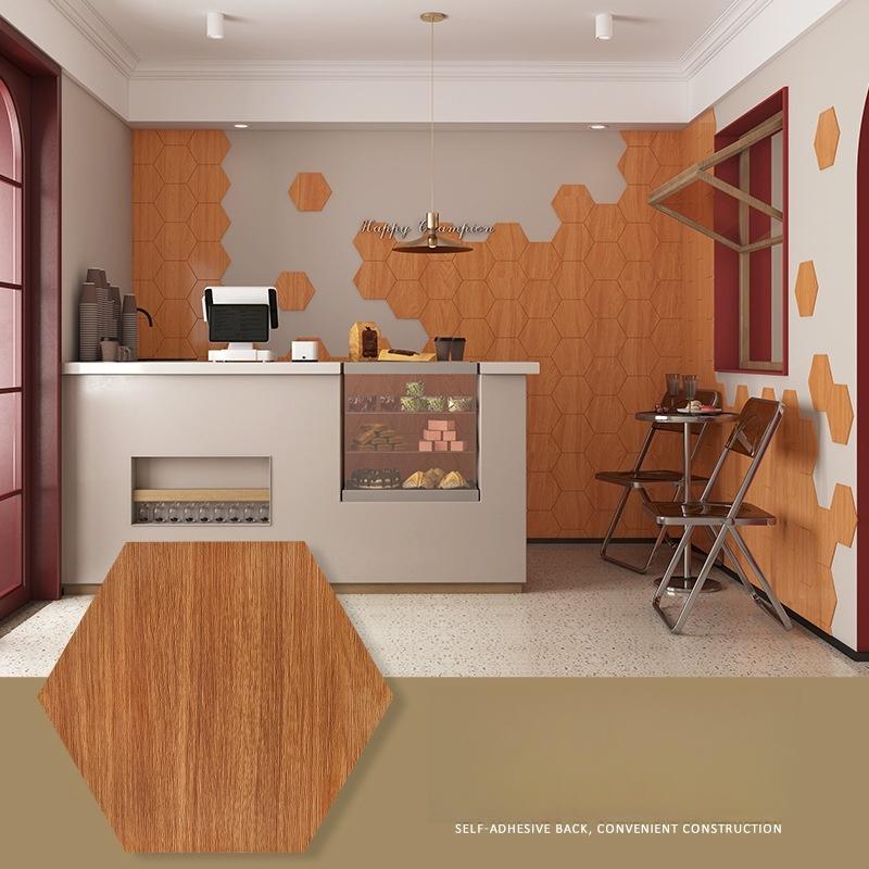 6pcs Hexagonal self-adhesive wallpaper waterproof stickers TV background wall decoration wood grain tile wallpaper