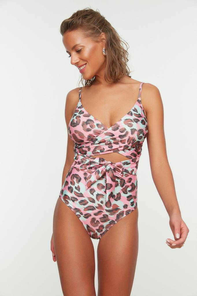 Women's New Season Swimsuit Floral Patterned Double Breasted Tied Normal Leg Swimsuit