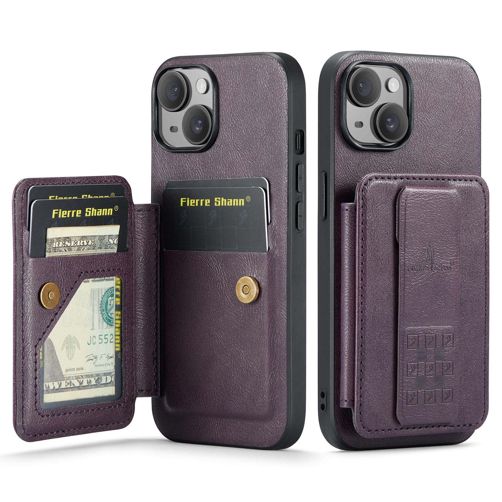

For iPhone 15 Case Waxy Leather+TPU Phone Cover with RFID Blocking Card Slots Kickstand Purple