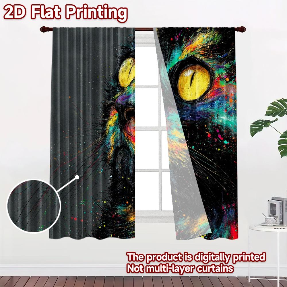 2D Flat Printing 2pcs Curtain Curtain Colorful Starry Cat Digital Printed Polyester Drapes Birthday Party Perfect for Holiday