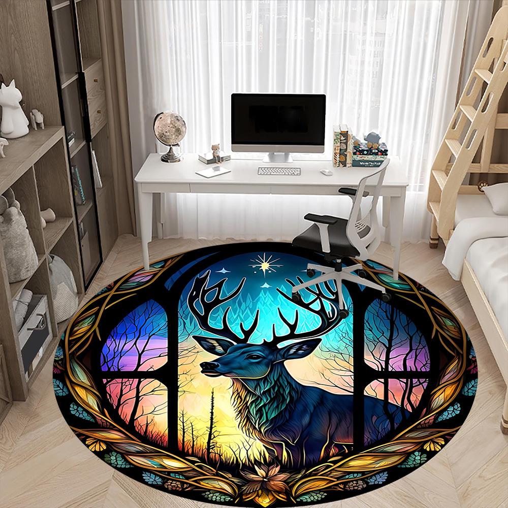 1pc Stained Glass Deer Office Round Area Rug, Under Office Chairs Bedroom Living Room Home Decor, Room Deco