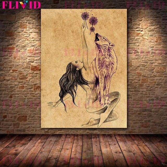 Wolf Woman And And Moon Wicca Vintage Wall Art Canvas Painting Daughters Of The Moon Art Poster And Print Home Decor No Frame