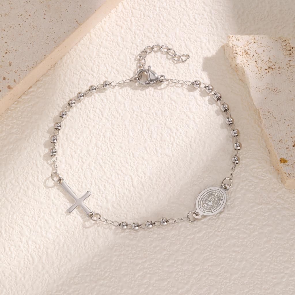 Heiliges dreifarbiges Rosenkranz-Kreuz-Armband für Damen, Edelstahl Goldfarbe Benedikt Runde Perlen Armbänder, Christentum Schmuck