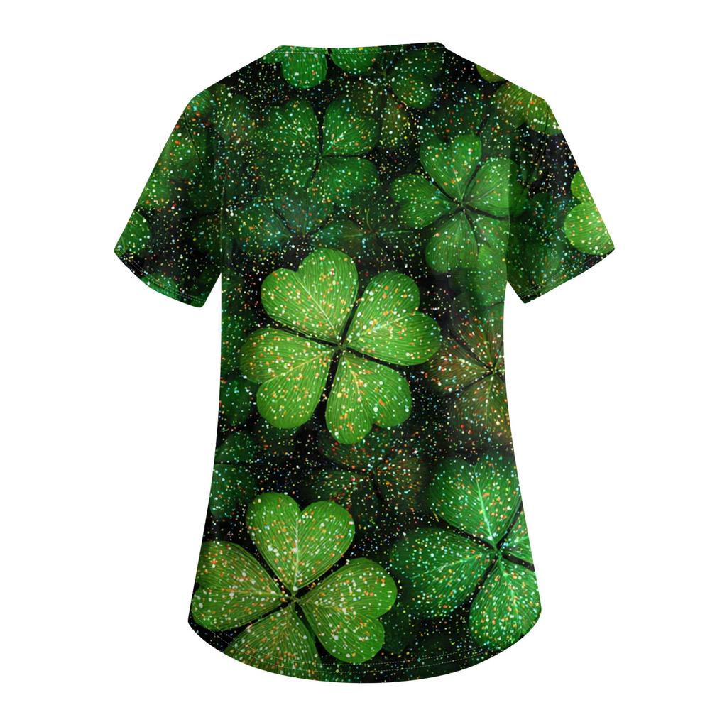 Women's V-neck St. Patrick's Day Printed Short-sleeved Pocket Side-slit Protective Suit Top