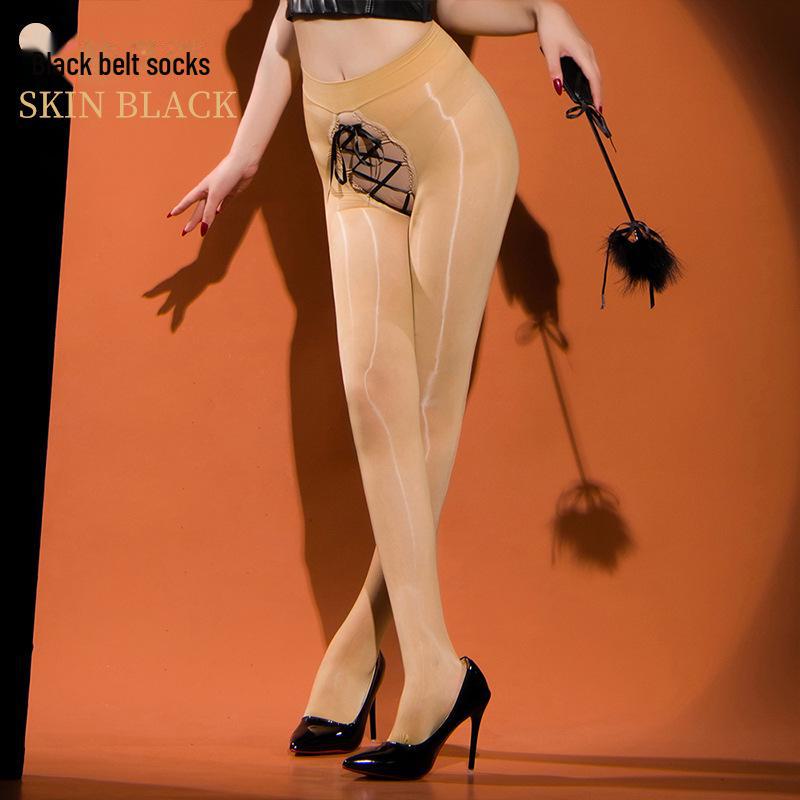 

2024 Блестящие черные шелковые колготки с перекрестными бретелями и открытым шаговым швом XL