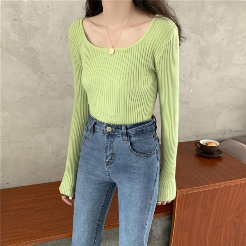 Podzimní Nový Top se čtvercovým výstřihem, Pletené základní tričko s dlouhým rukávem, Pulovr slim fit, Vnitřní svetr, Dámský univerzální top