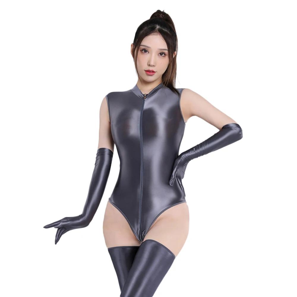 Sexy Women Zipper Open Crotch High Cut Bodysuit Stain Oil Glossy Shiny Yoga Shapping Tights Sheer See Through Maid Leotard