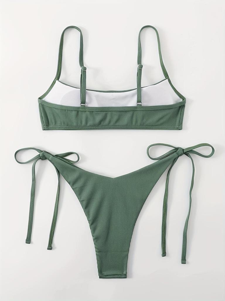 European & American Tie-Up Bikini Set: Sexy Solid Color Ribbed Swimsuit for Women