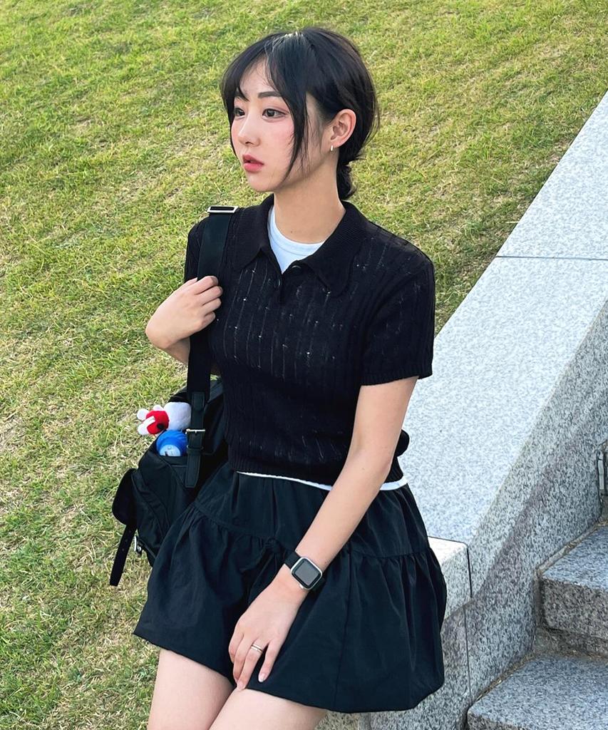 KNITTED (W) Linen Cable Collar Crop Half Knit Black