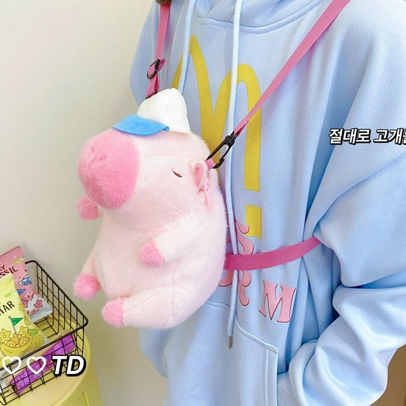 Cute Plush Capybara Backpack With Hat And Orange On The Head Design For Daily