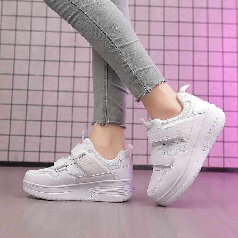 

2025 Четырехколесные детские роликовые коньки Роликовые коньки для девочек Осенняя детская обувь для ходьбы Кожаная студенческая обувь для ходьбы для мальчиков 40 белый