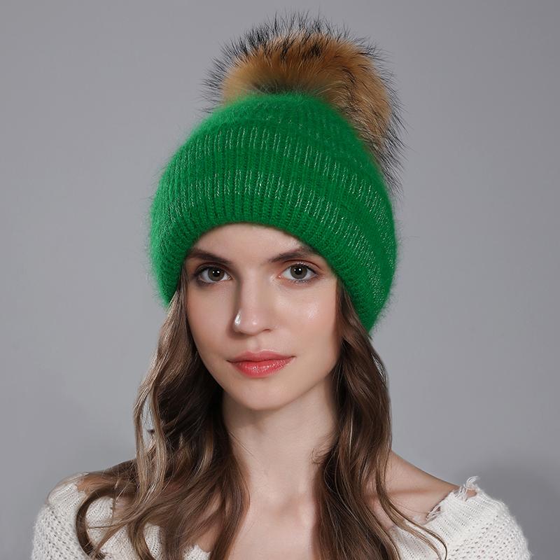 Hat For Women Angora Rabbit Fur Beanies With Natural Raccoon Fur Pompom Hats Winter Knitted Warm Silver Wire Female Cap