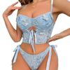 Sexy Floral Embroidery Hollow Out Bra Lace Up Thong Flower Ribbon Erotica Set