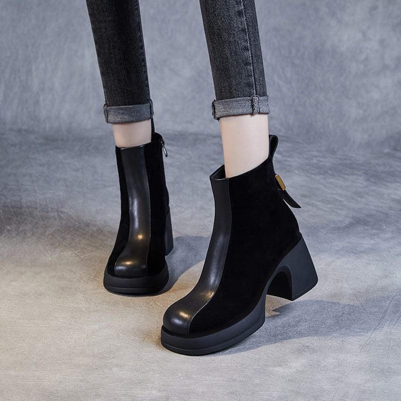 Johnature Stivali alla moda con tacco alto per donna, stivali Chelsea in vera pelle con tacco spesso e bassi in pelle di mucca