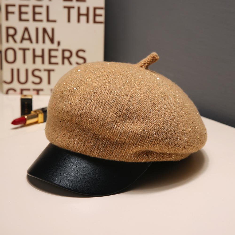 Korean Versatile Little Fragrance Style Sequin Beret Autumn and Winter British Retro Warm Octagonal Hat Outdoor Casual Hat Women