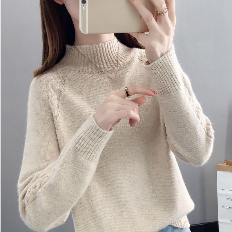 

Осенне-зимний полувысокий свитер женский пуловер корейский свободный вязаный свитер ленивый вязаный свитер базовый свитер модный пуловер свитер XL бежевый