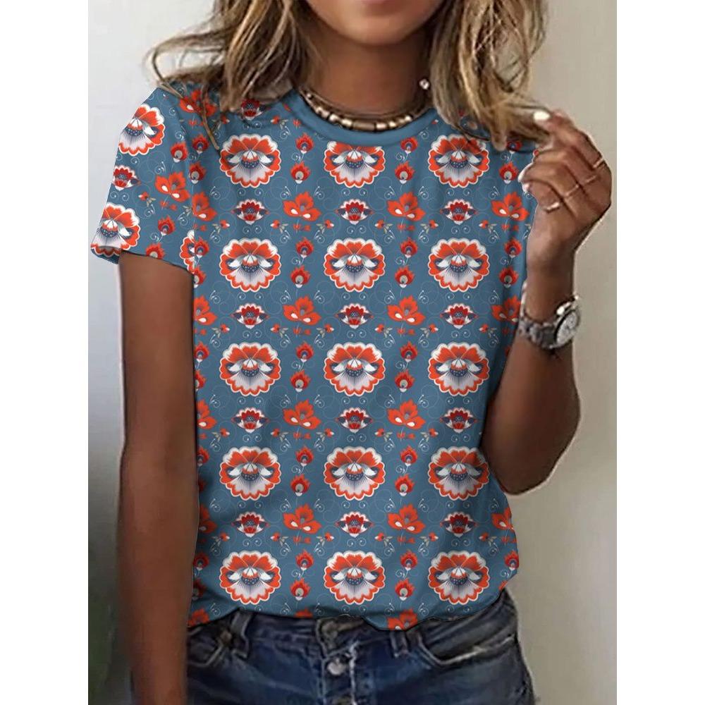 3D Printed Pattern T-shirt, Summer and Spring Short Sleeved Round Neck Casual Top, Women's Clothing