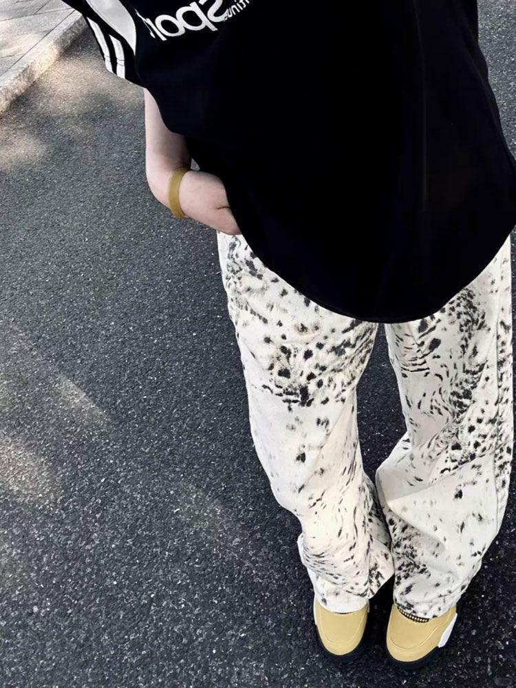 Leopard Print High-Waist Straight-Leg Denim Pants - Retro Autumn Fashion