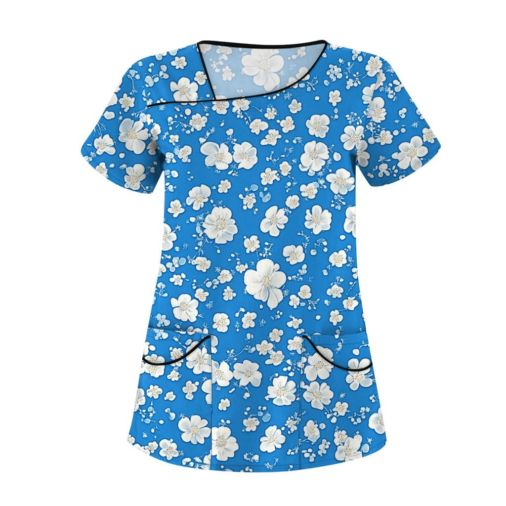 Women's Printed Work Clothes, Sloping Collar And Double Layer Pockets, Basic Top Pullover