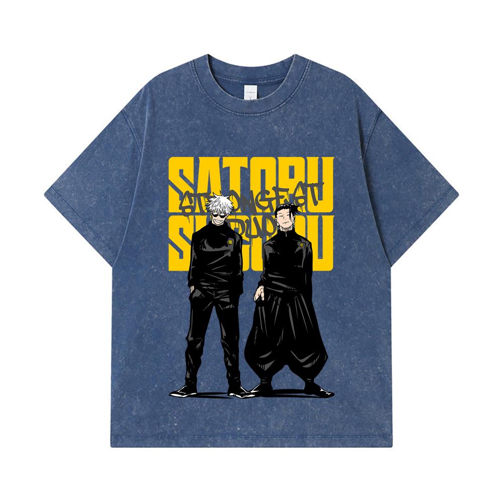 

275 GSM Washed T-shirts 100% Cotton Jujutsu Kaisen V44 Gojo Geto Print Unisex Heavy Cotton T Shirt 2XL