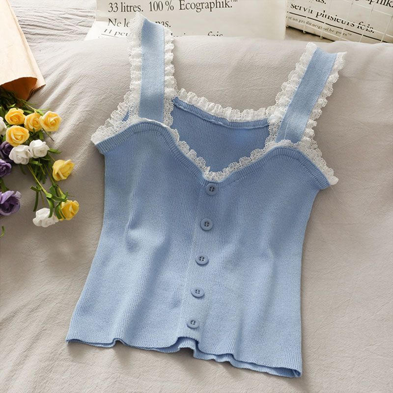Lace Patchwork Fungus Edge Short Slim Fit Vest for Women New Candy Color Versatile Breasted Camisole for Summer
