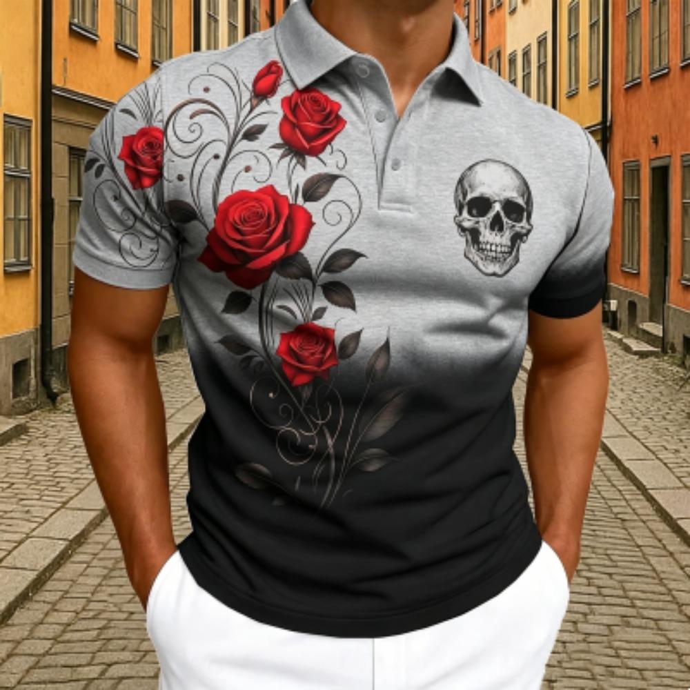 Men's Rose Floral Skull Print Polo Shirt Men's Outdoor Street Short Sleeve Tees Top Summer Home Casual T-shirt Men's and Women's Polo Shirt