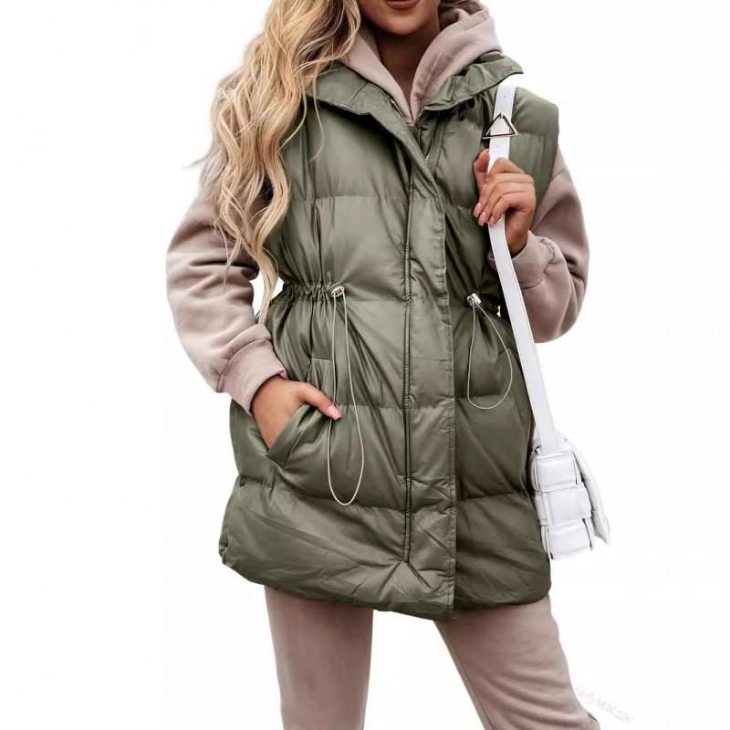 Womens Mid-Length Solid Color Drawstring Loose Cotton Vest With Zipper Pockets Outdoor Camping Hiking
