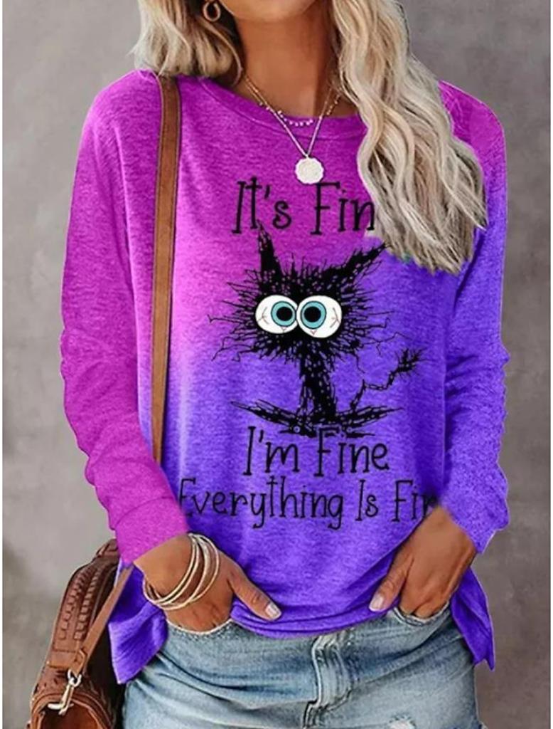 New 3D Cute Cat Printed Women's Casual Fashion Round Neck Long Sleeve T-shirt