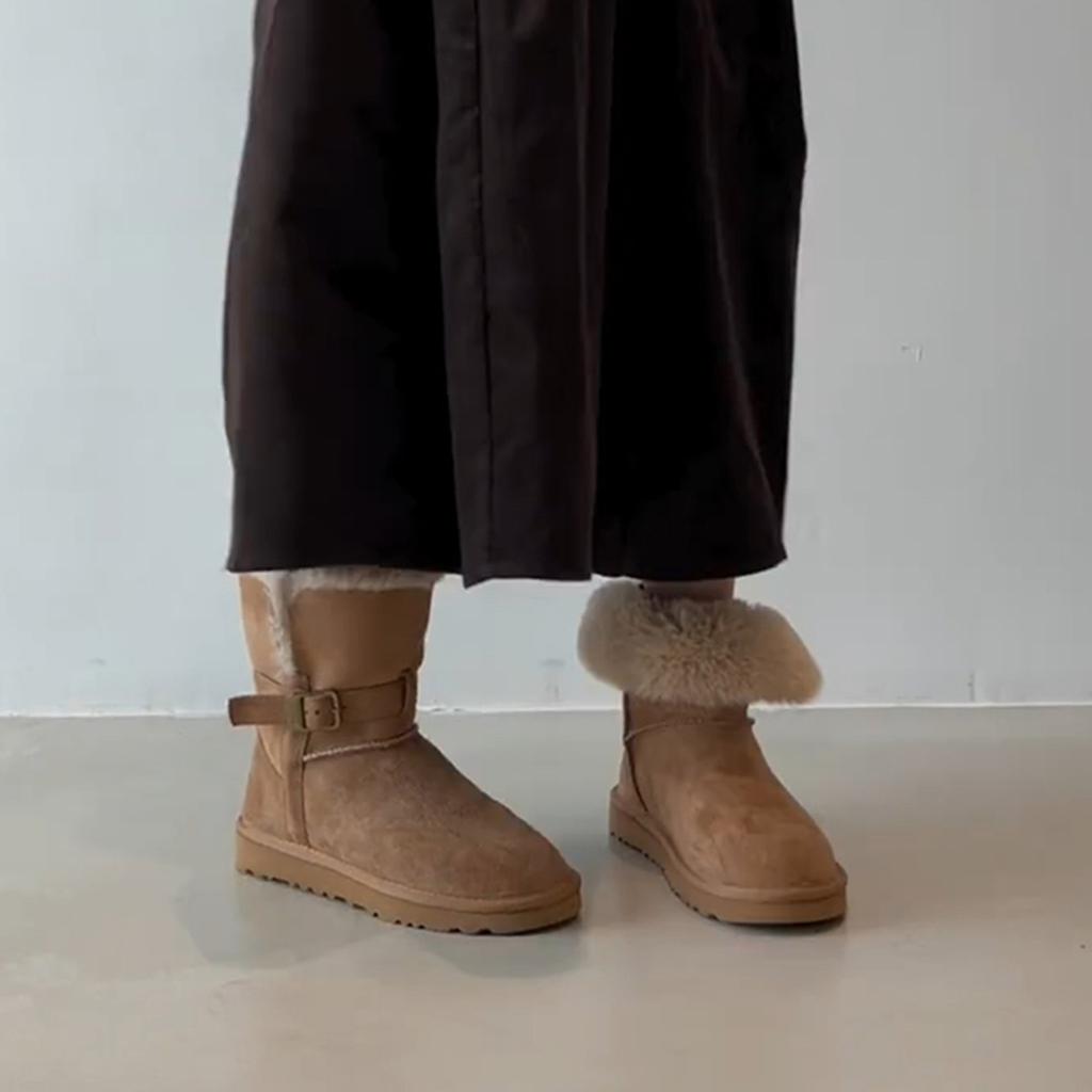 Stilvolle vielseitige Schneestiefel mit dicker Sohle Damen Retro Wildleder Gürtelschnalle Zwei dicke Samt Thermobaumwollstiefel
