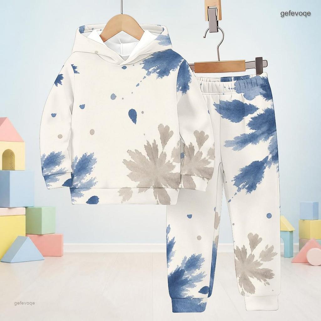 Kids Abstract Geometric Printed Hooded Long Sleeve Sweatshirt And Cuffed Pants Two Piece Set