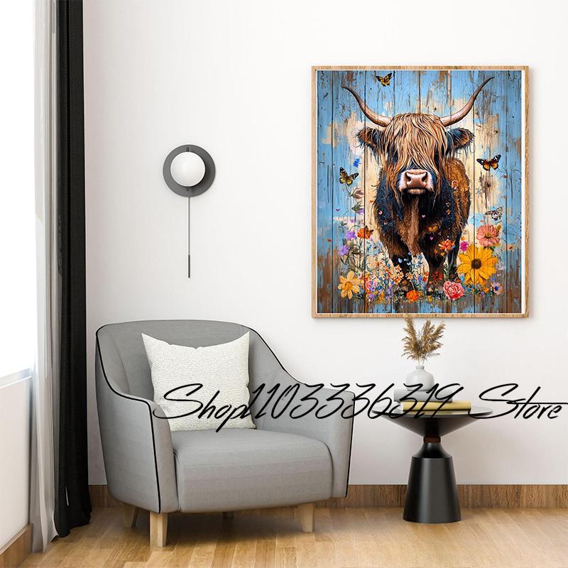 Funny Cow Floral Highland Cow Rustic Western Boho Farm Animal Art Poster Canvas Painting Wall Print Picture for Room Home Decor