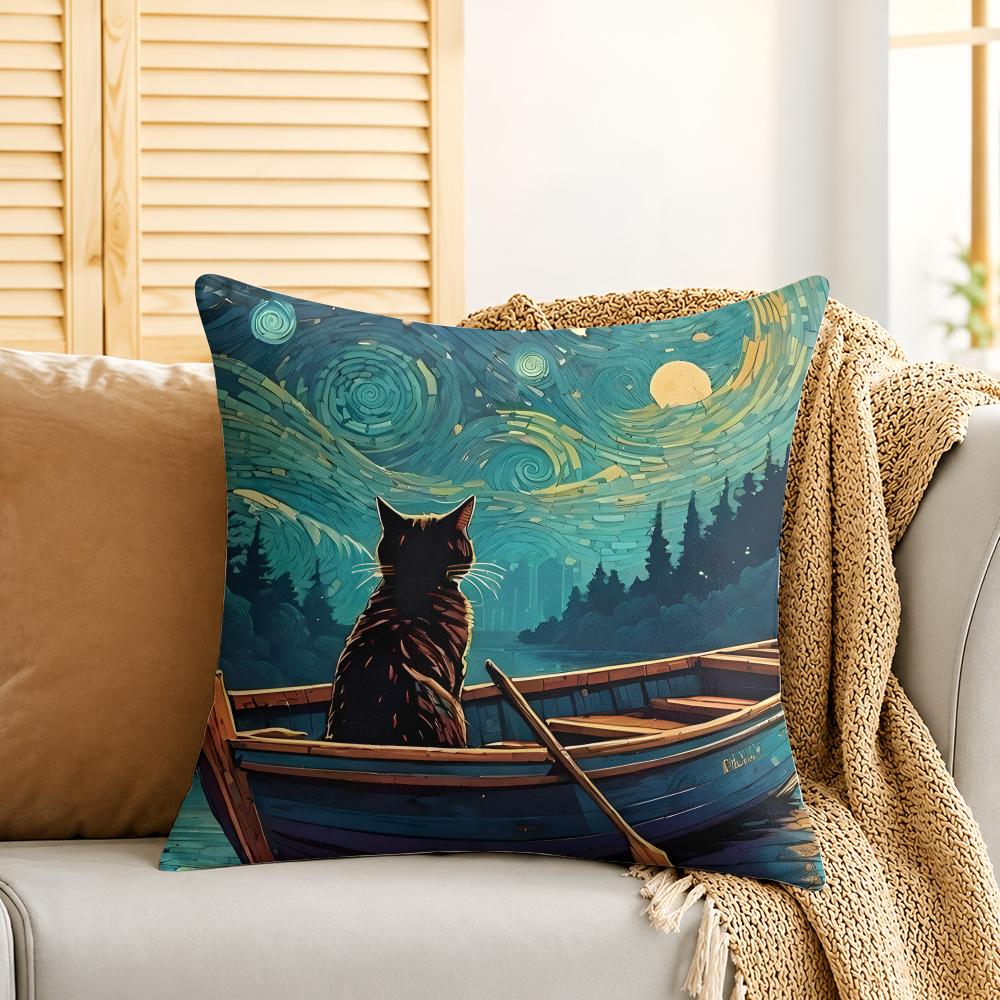 Cat Starry Sky Van Gogh Cushion Cover Silky Short Plush Invisible Zipper Dustproof Sofa Pillow Case For Home Decor