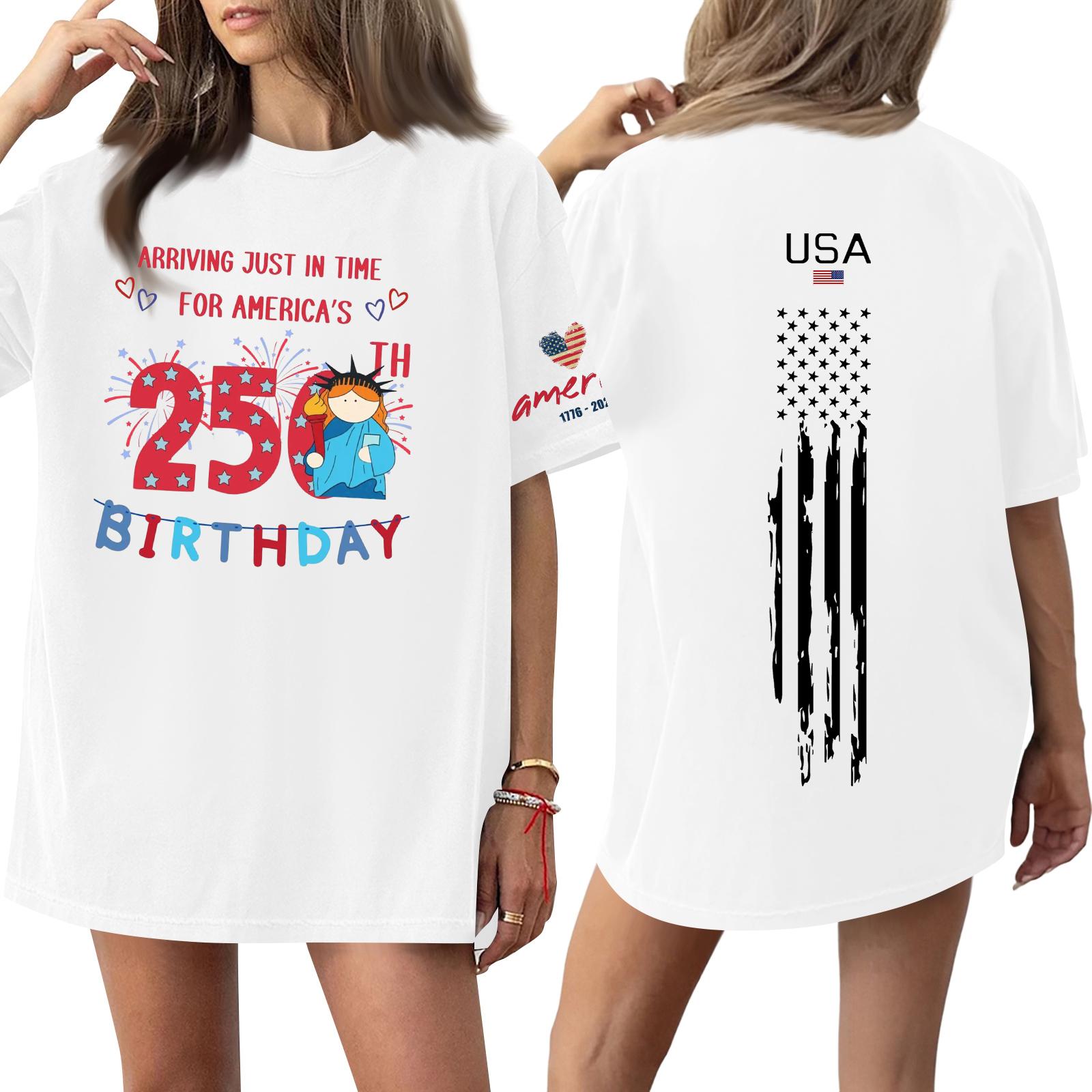 

Womens Loose Fit Graphic T Shirt Crew Neck Short Sleeve Tee Arriving in Time for 250th Birthday USA Flag Print Casual Top XL білий