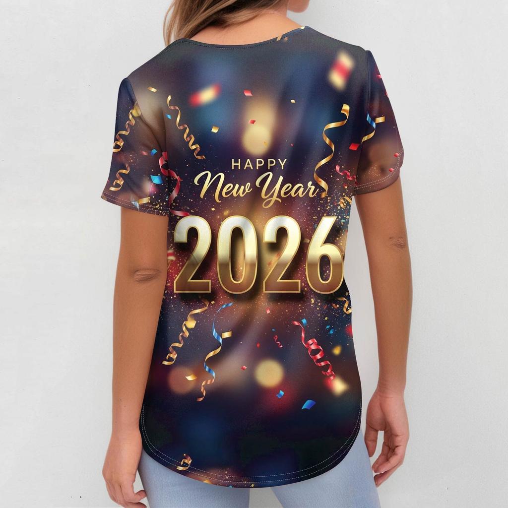 Women's Fashion Printed Short Sleeve V Neck Pattern Tops Pocket Working T-shirts