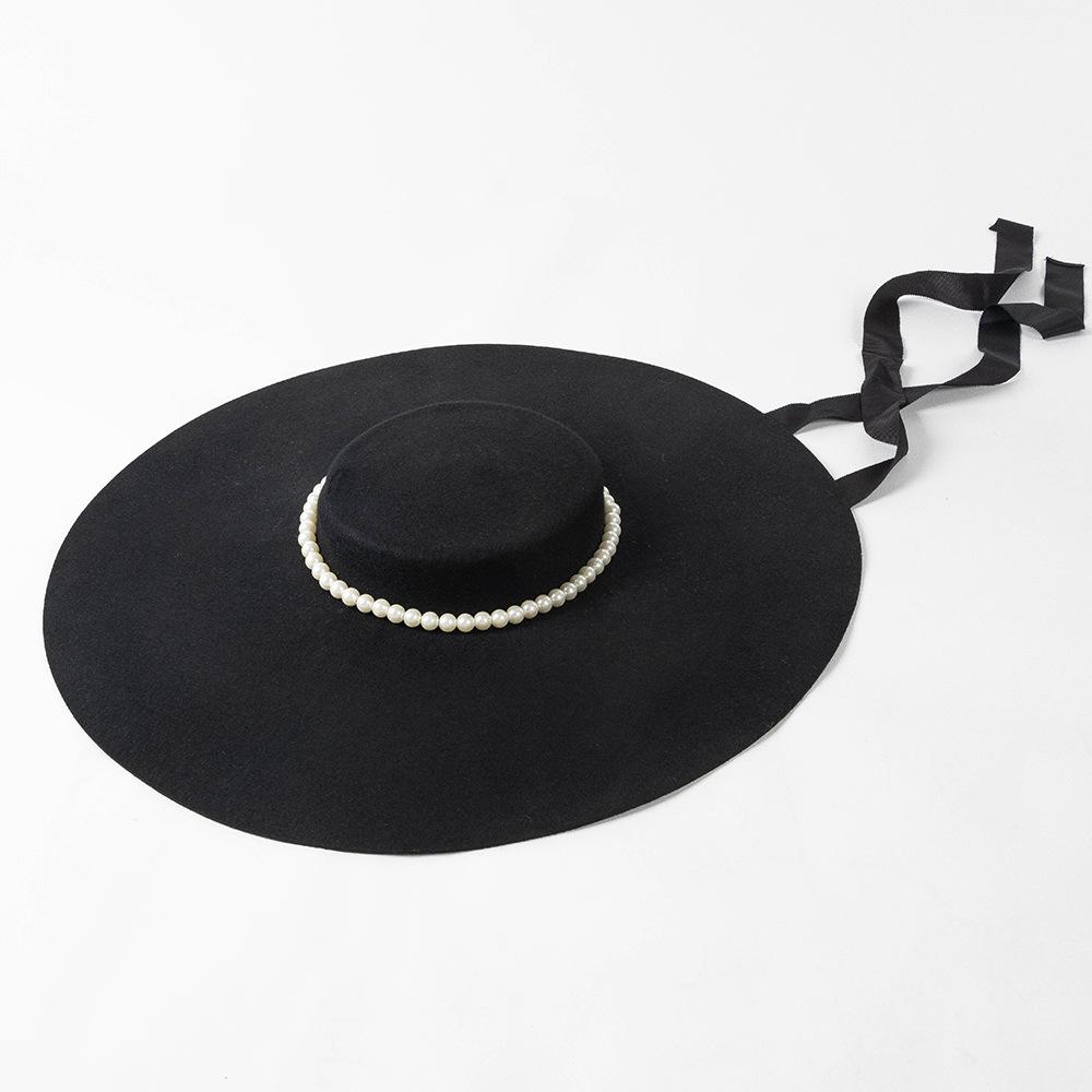 

Ins Chic Wool Felt Model Catwalfashion Shallow Pearl Chain Lady Fedoras Cap Women Panamjazz Hat M
