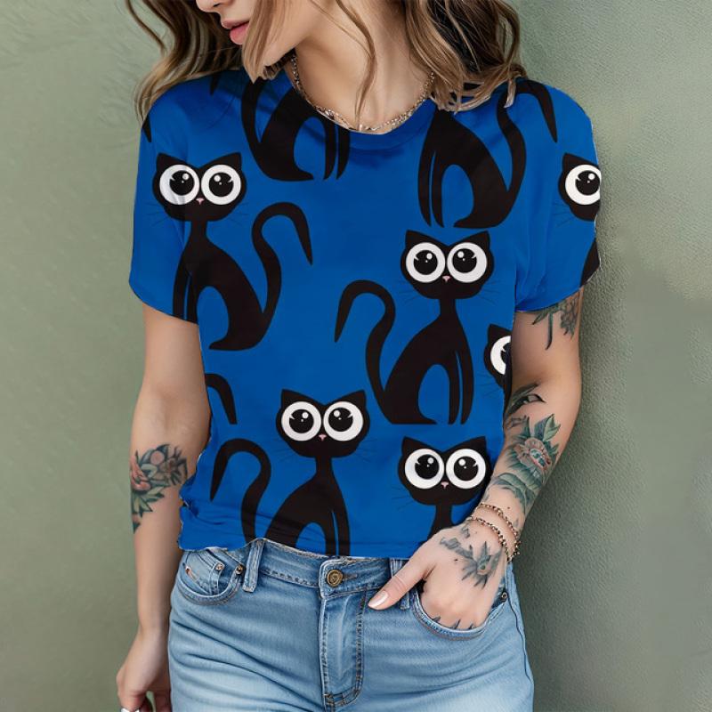 Women's T Shirt Comic Cat 3D Print Harajuku Summer Short Sleeve Top O Neck Casual Women's Oversized T Shirt Coolred Short Sleeve