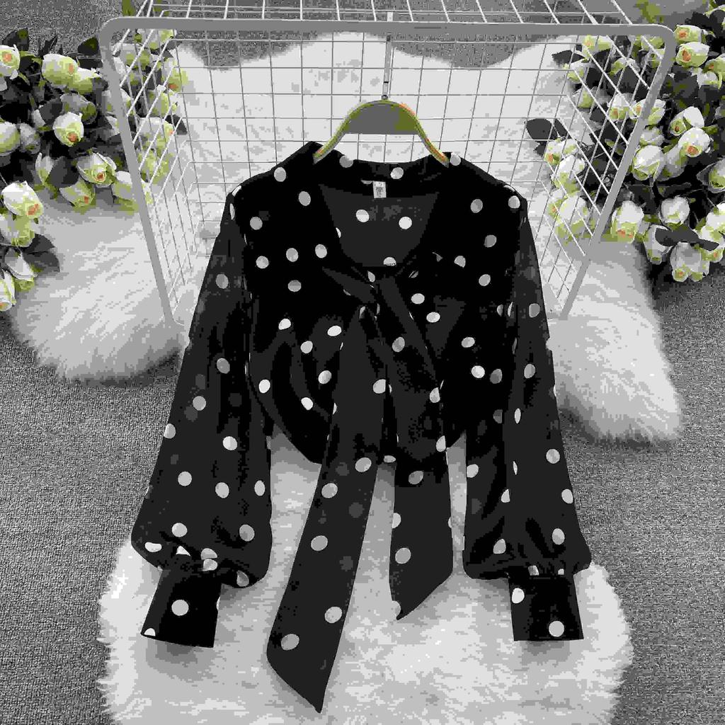 Chiffon Shirt Women's Summer Outfit Sweet Polka Dot Bubble Sleeves Versatile Base Shirt Top Women