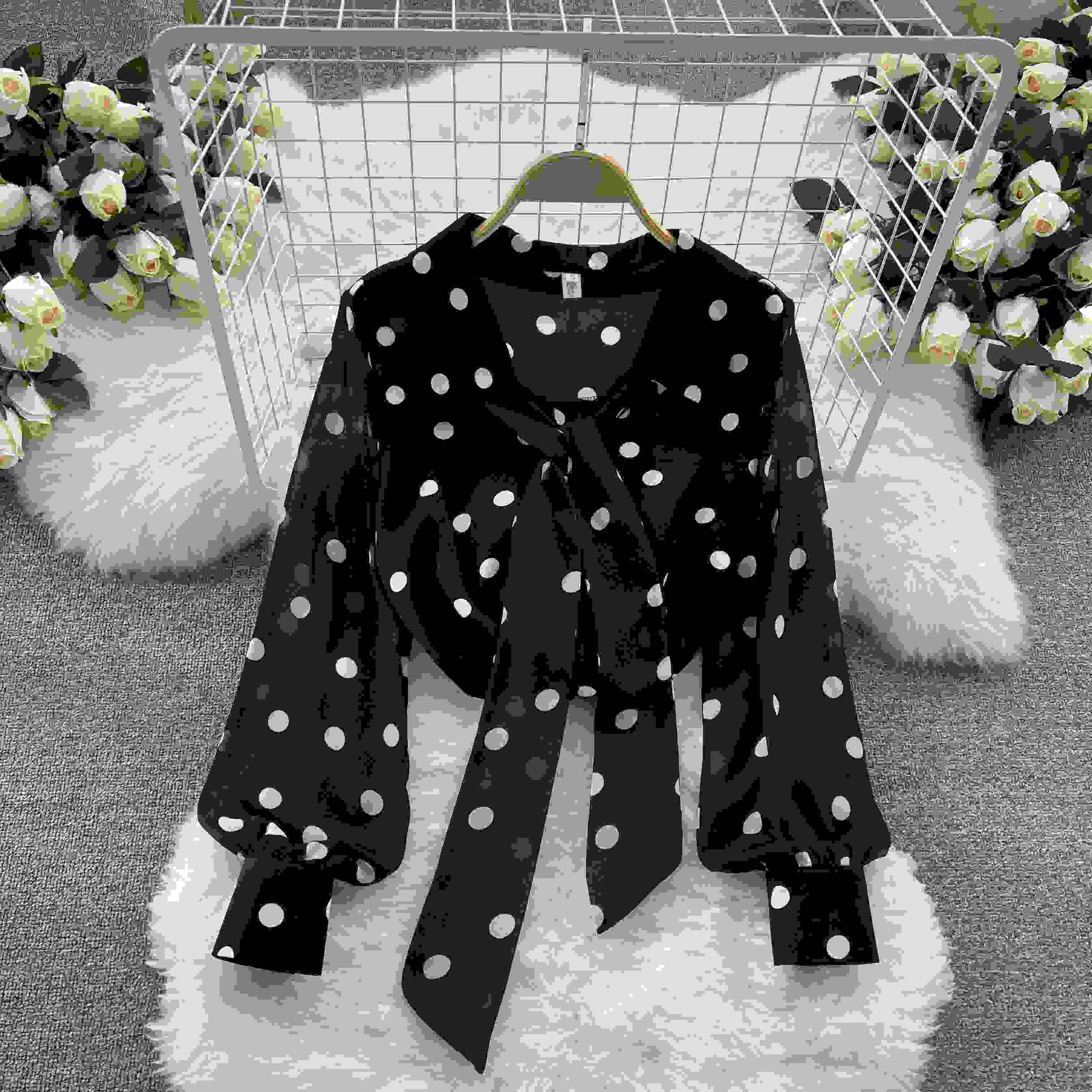 

Шифоновая рубашка, женская летняя одежда, милый горошек, рукава-фонарики, универсальная базовая рубашка, топ для женщин M