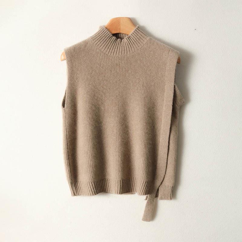 Women's 100% Pure Wool Sleeveless Knit Vest Shawl - Warm Autumn/Winter Layering Pullover with Half-High Collar