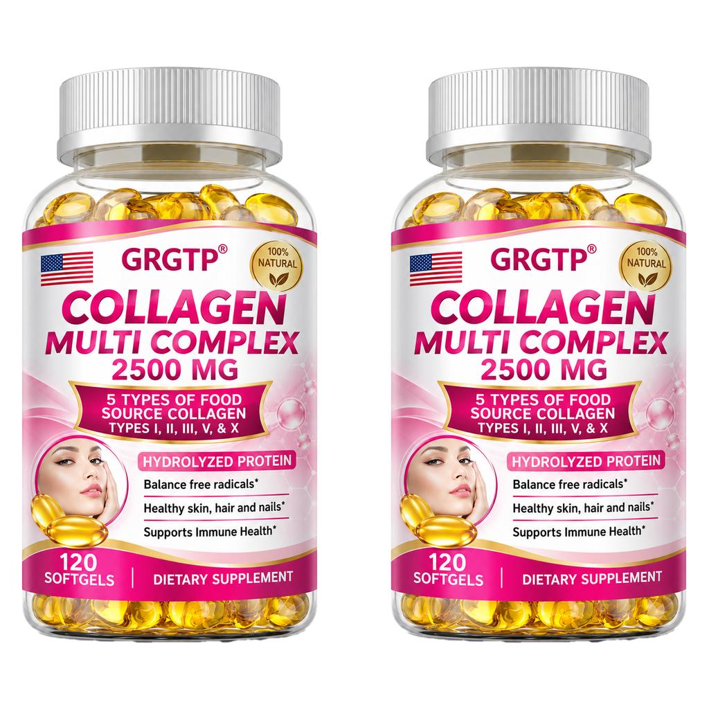 Multi-type collagen dietary supplement; contains collagen types I, II, III, V, and X; 2500mg content; suitable for adults.