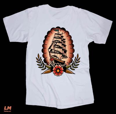 Tattoo-Kunst weißes T-Shirt Schiff Blumen Meer traditionelle Tattoo-Grafikzeichnung
