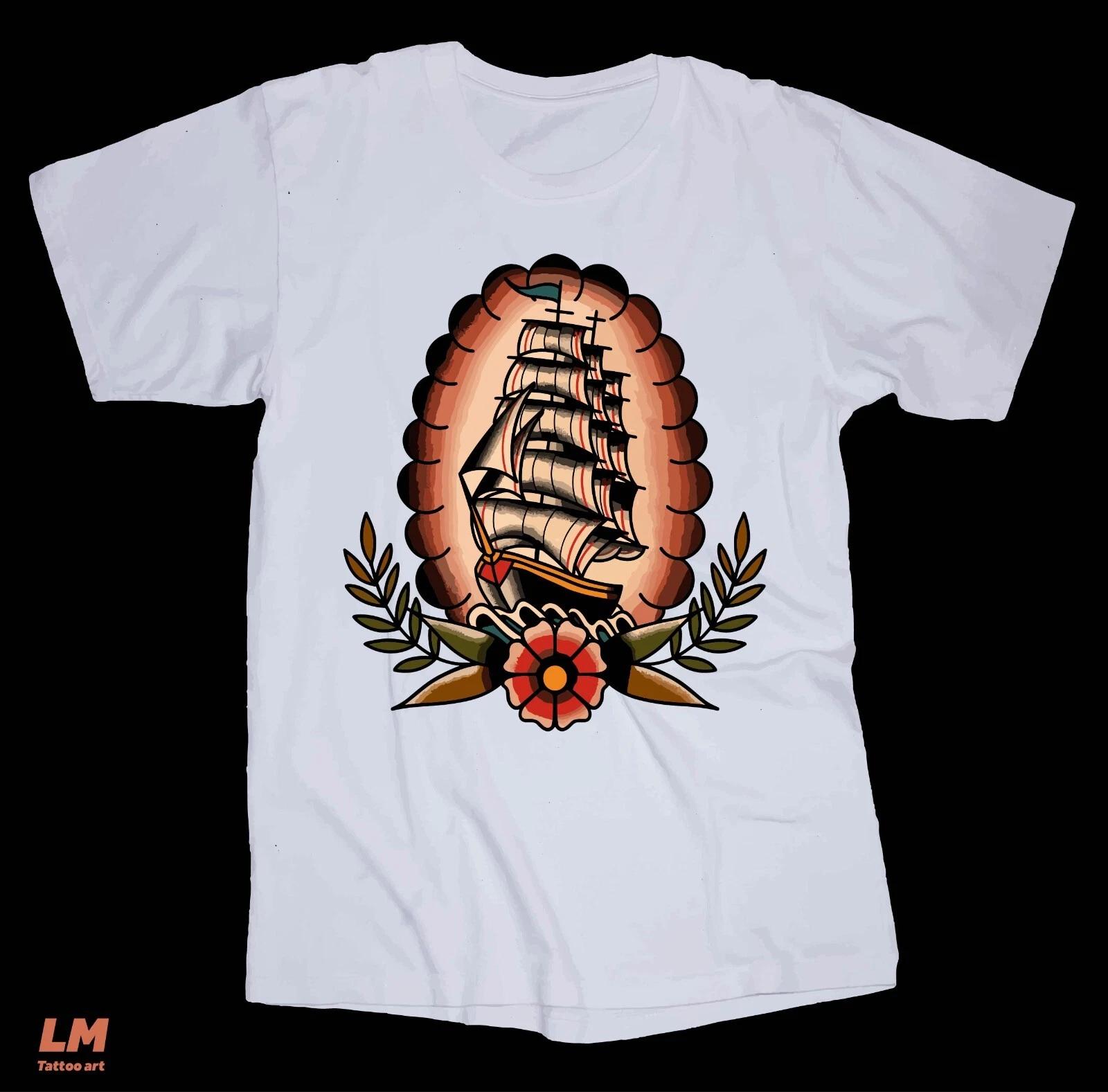 

Tattoo art white T-shirt Ship Flowers Sea traditional tattoo graphic drawing 4XL