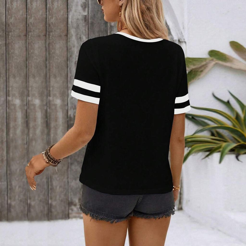 Women Summer  Top  Vacation Short Sleeve V Neck Loose Fit Shirt Spring Fashion Casual Clothes