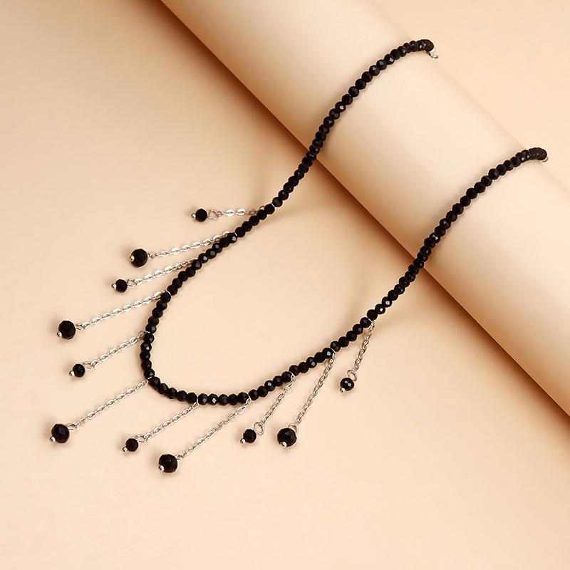 Vintage Black Bead Chaintassel Pendant Necklace For Women Boho Simple Choker Jewelry Gift