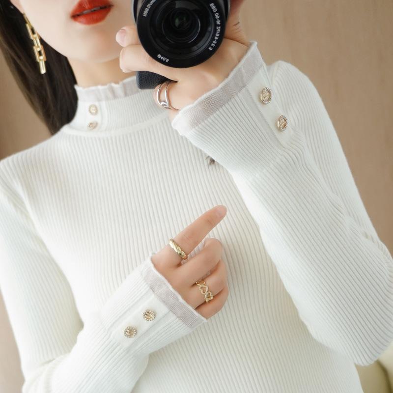 Knitted bottoming shirt autumn and winter new semi-turtleneck sweater women's pullover sweater long-sleeved slim-fit button-up top