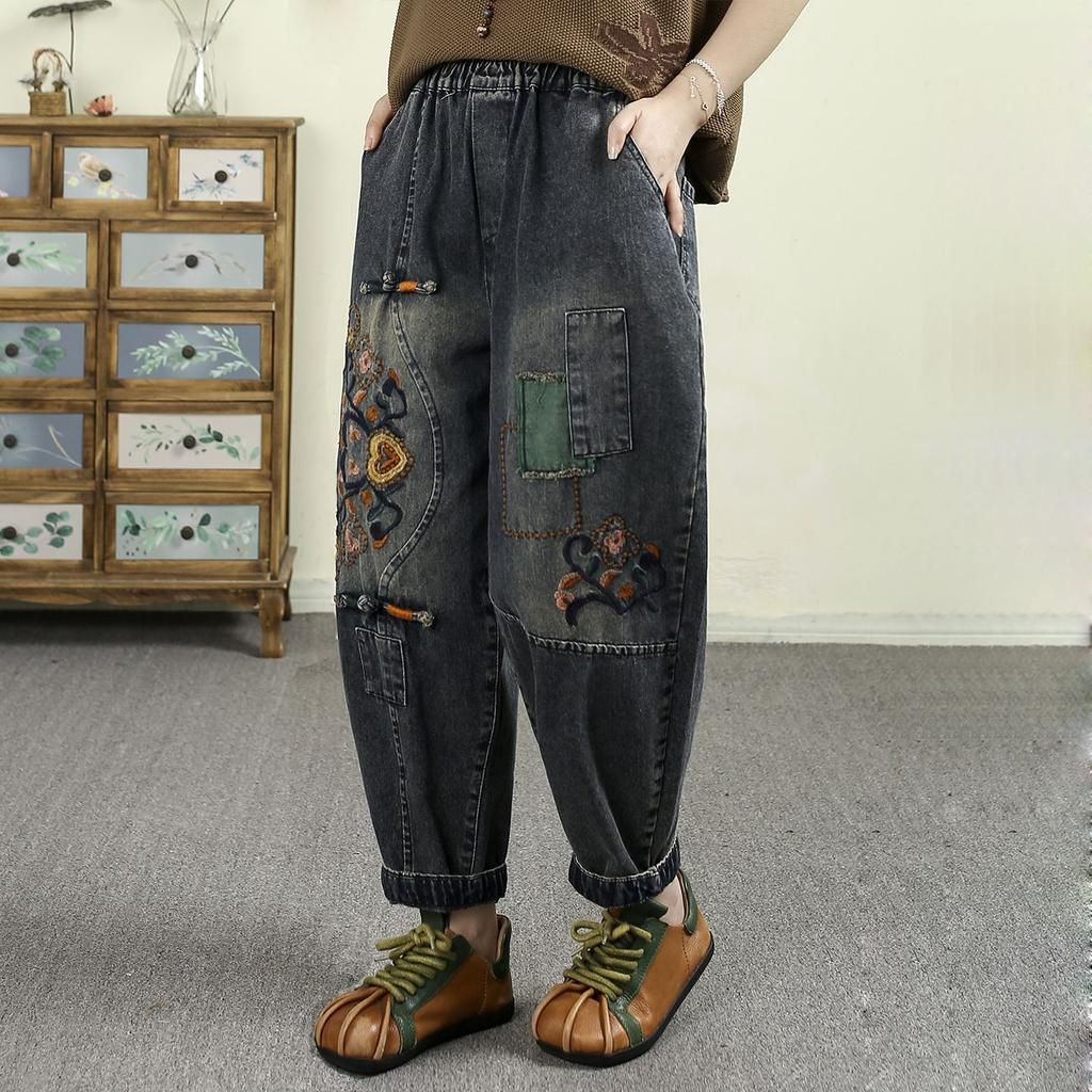 Herbst Neu Elastische Taille Groß Retro Chinesische Stickerei Jeans Harems Hose Damen