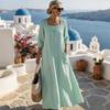 New Style Solid Color Square Neck Lace Patchwork Long Skirt Dress with Seven-Sleeves for Women
